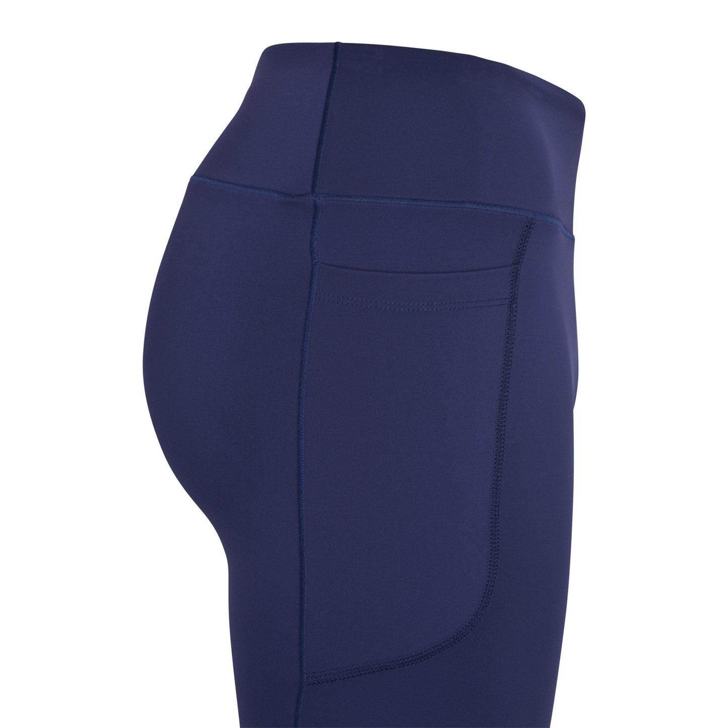 Pressio RE kort tights for dame i fargen marineblå. Mid-rise. Nærbilde lomme til f.eks. mobil på låret.