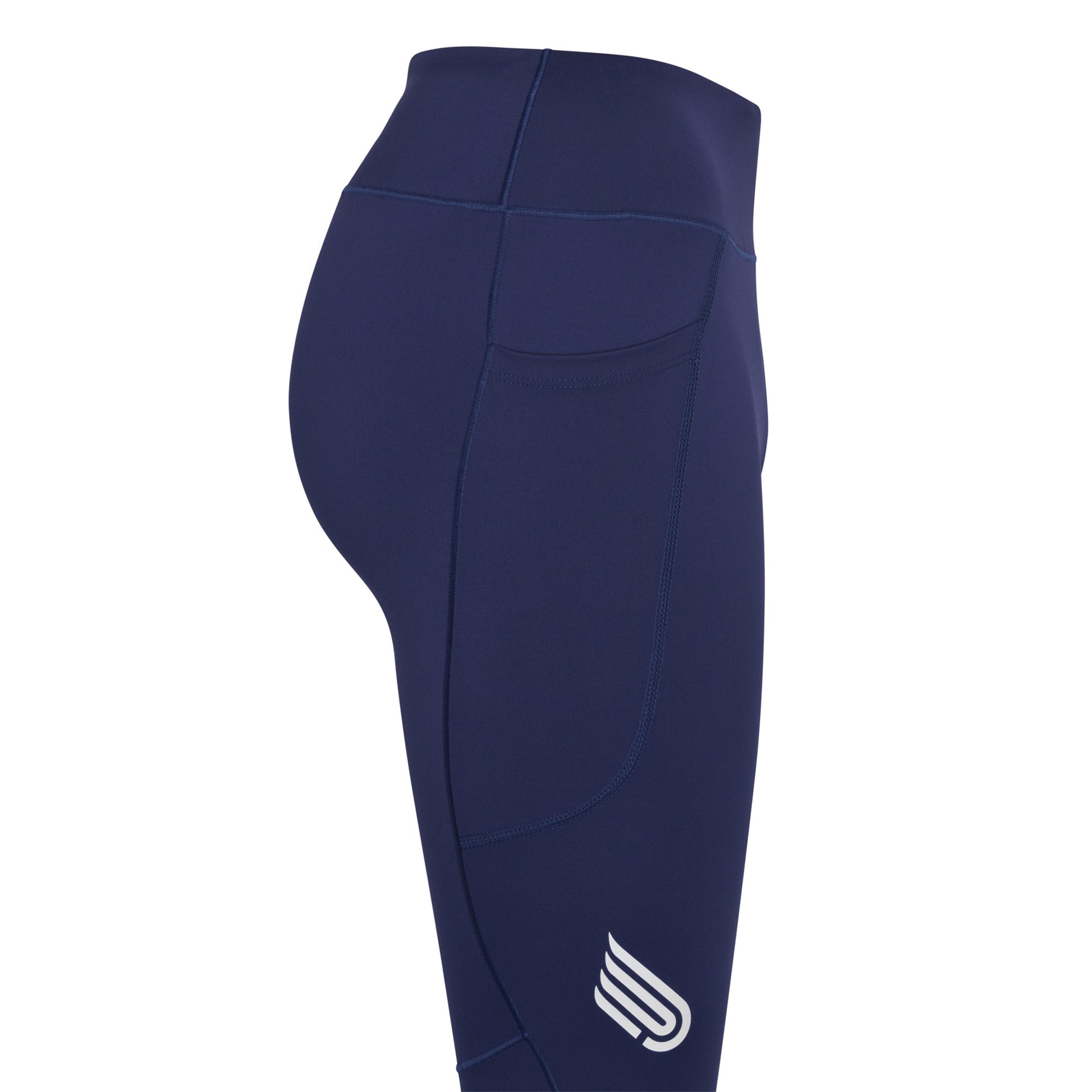 Pressio RE tights for dame i fargen marineblå. Mid-rise. Nærbilde lomme til f.eks. mobil på låret.
