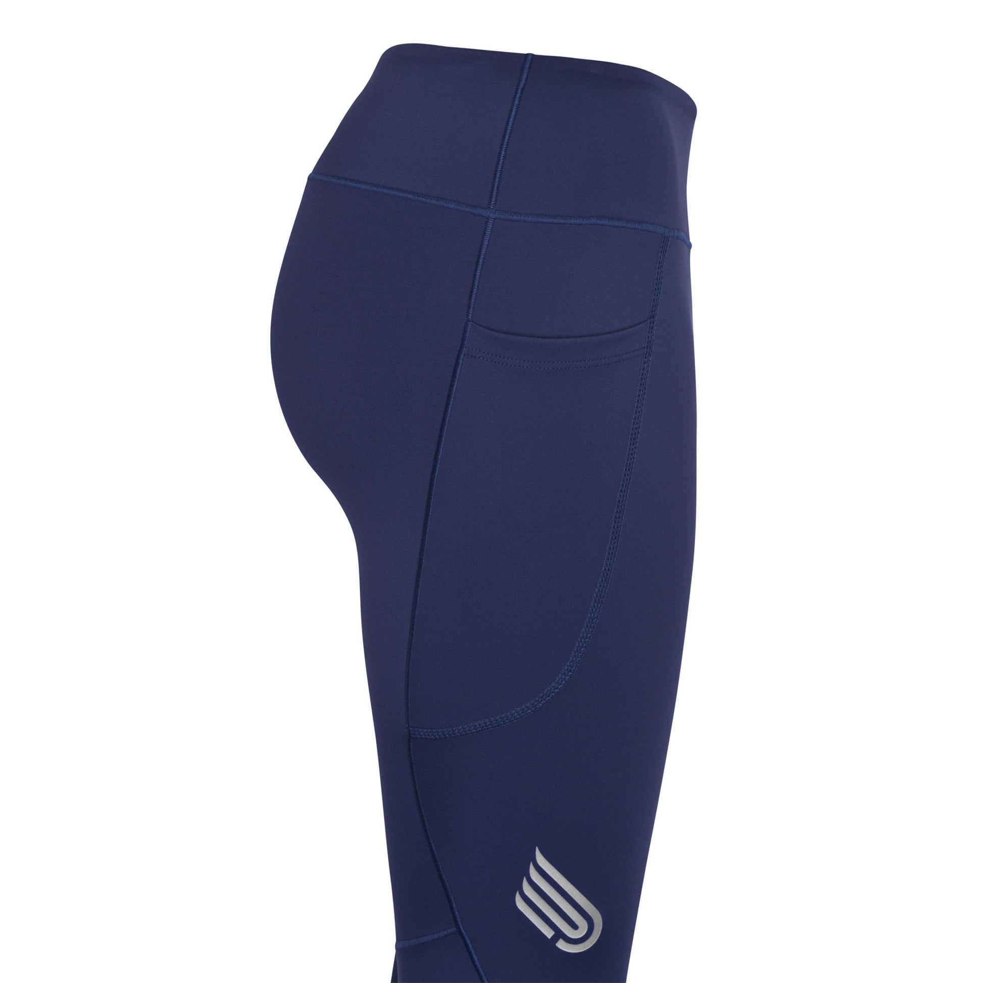Pressio RE tights for dame i fargen marineblå. Mid-rise. Nærbilde lomme til f.eks. mobil på låret.