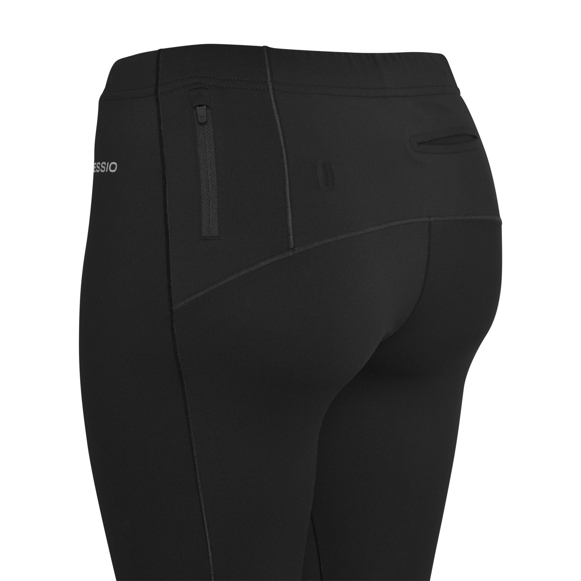 Pressio løpetights for dame i fargen svart. Low-rise. Fra siden og bak. Viser mobillomme og egen lomme med glidelås vedd rygg.